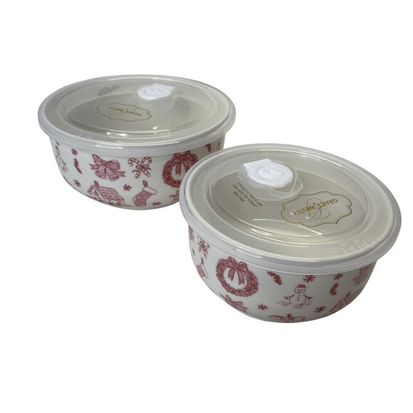 Grace Teaware Ceramic Bowl Set w/ Lids Holiday Themed Design Red Toile - Picture 3 of 6